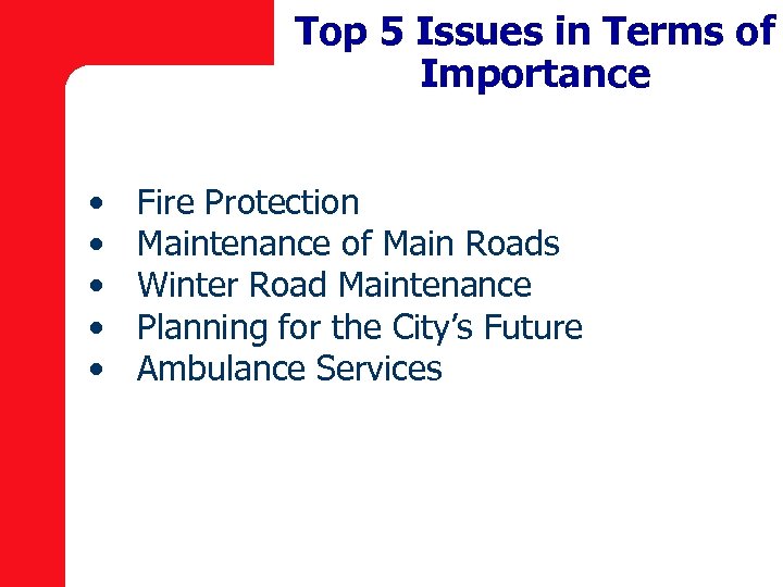 Top 5 Issues in Terms of Importance • • • Fire Protection Maintenance of