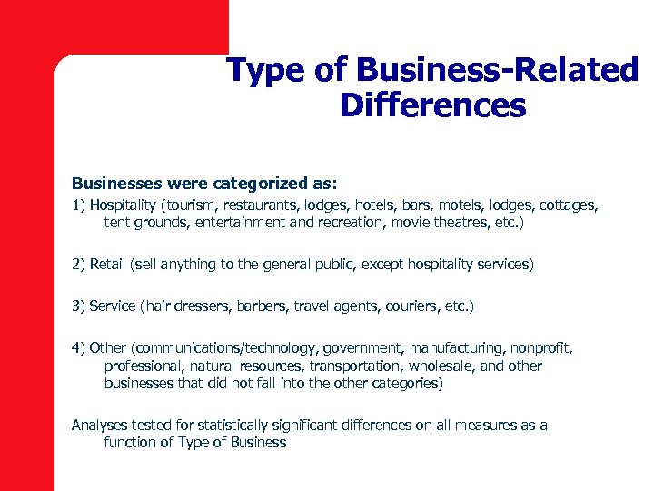 Type of Business-Related Differences Businesses were categorized as: 1) Hospitality (tourism, restaurants, lodges, hotels,