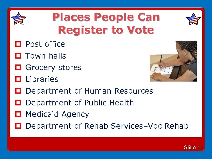 Places People Can Register to Vote Post office Town halls Grocery stores Libraries Department