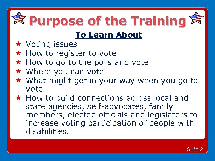 Purpose of the Training To Learn About Voting issues How to register to vote