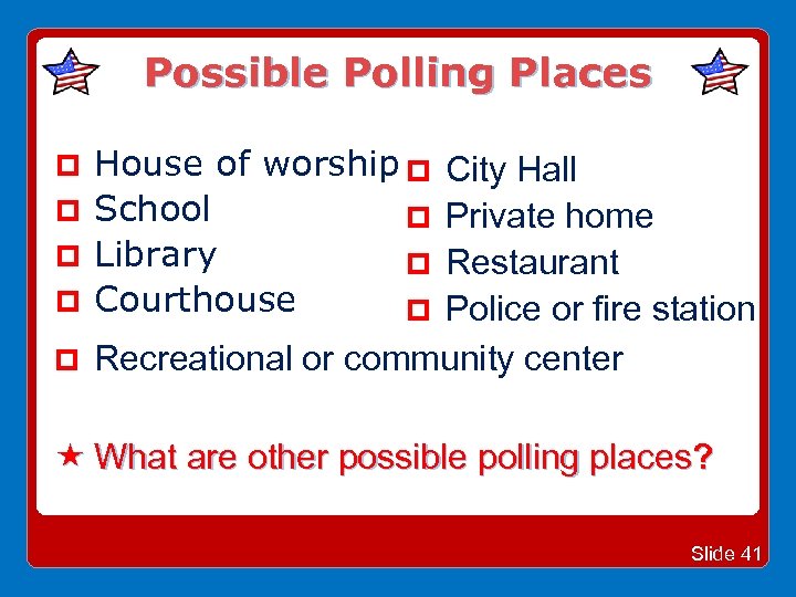 Possible Polling Places House of worship School Library Courthouse City Hall Private home Restaurant