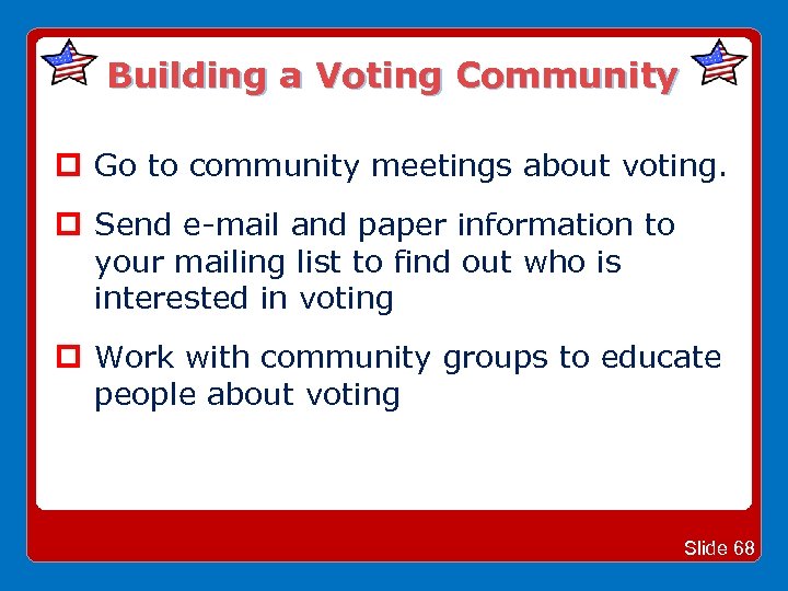 Building a Voting Community Go to community meetings about voting. Send e-mail and paper