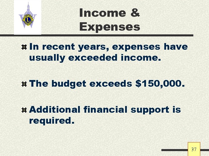 Income & Expenses In recent years, expenses have usually exceeded income. The budget exceeds