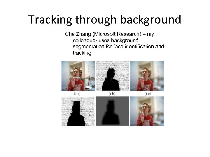 Tracking through background Cha Zhang (Microsoft Research) – my colleague- uses background segmentation for
