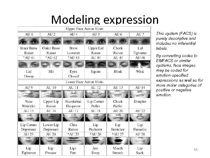 Modeling expression This system (FACS) is purely descriptive and includes no inferential labels. By