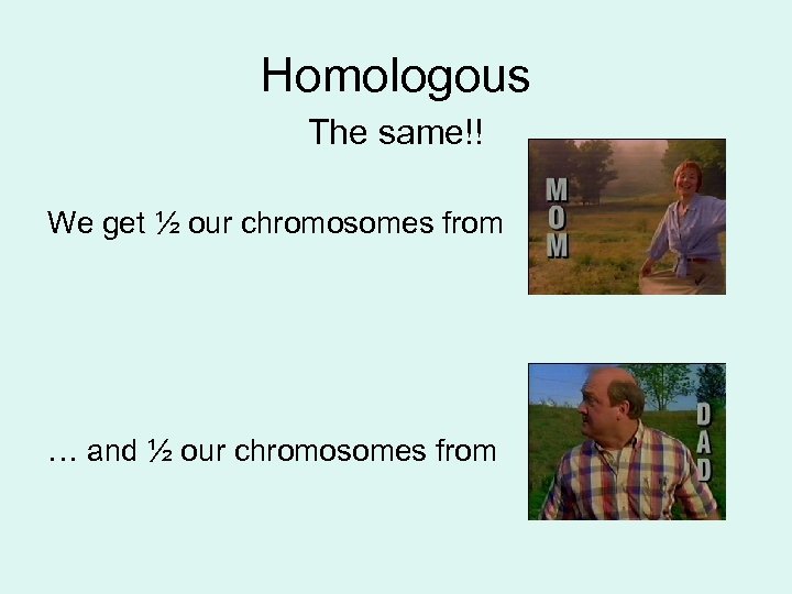 Homologous The same!! We get ½ our chromosomes from … and ½ our chromosomes