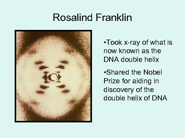 Rosalind Franklin • Took x-ray of what is now known as the DNA double