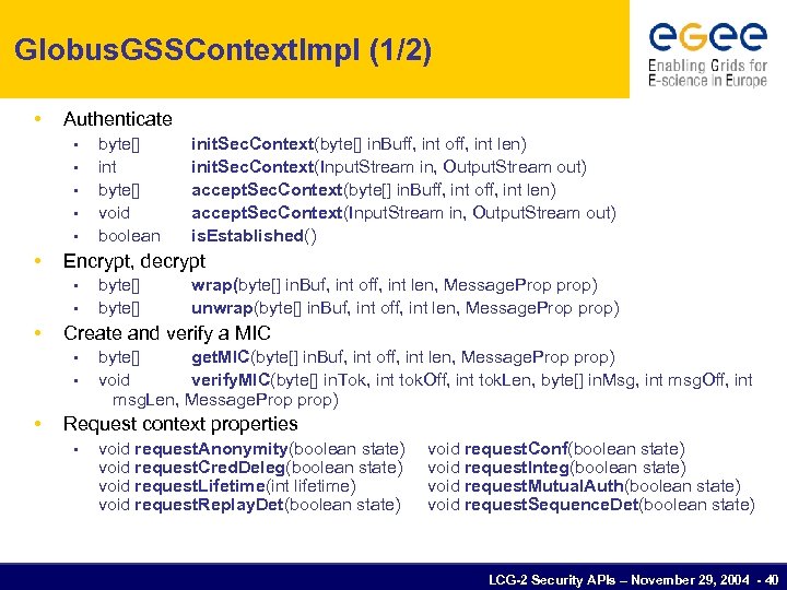 Globus. GSSContext. Impl (1/2) • Authenticate • • byte[] wrap(byte[] in. Buf, int off,