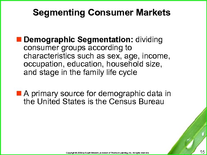 Segmenting Consumer Markets n Demographic Segmentation: dividing consumer groups according to characteristics such as