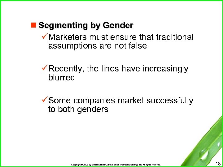 n Segmenting by Gender üMarketers must ensure that traditional assumptions are not false üRecently,