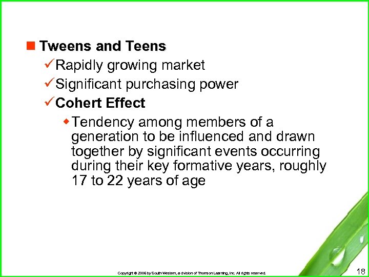 n Tweens and Teens üRapidly growing market üSignificant purchasing power üCohert Effect w Tendency