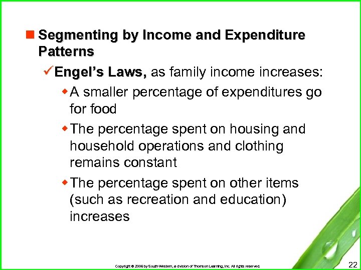 n Segmenting by Income and Expenditure Patterns üEngel’s Laws, as family income increases: w