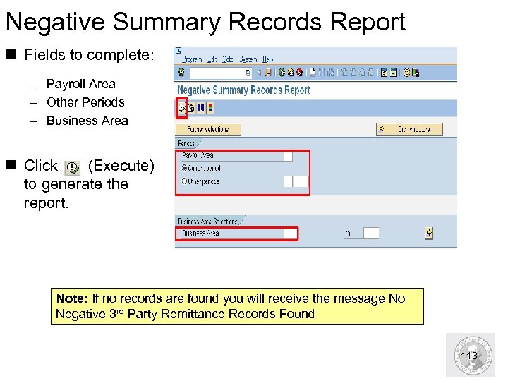 Negative Summary Records Report n Fields to complete: – Payroll Area – Other Periods