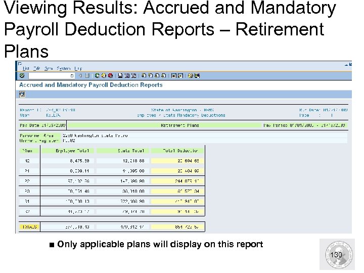 Viewing Results: Accrued and Mandatory Payroll Deduction Reports – Retirement Plans ■ Only applicable
