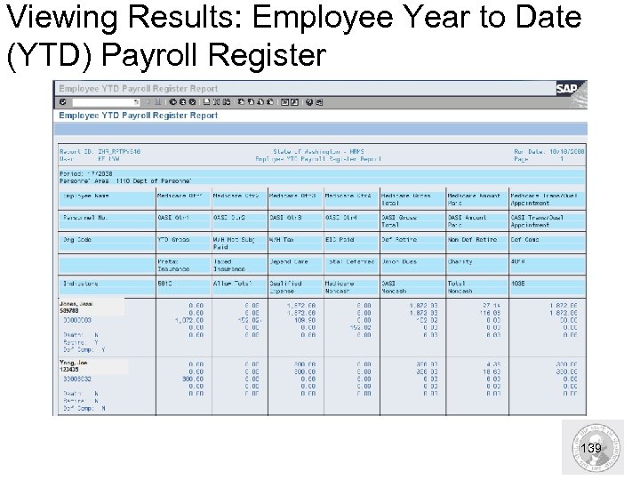 Viewing Results: Employee Year to Date (YTD) Payroll Register 139 
