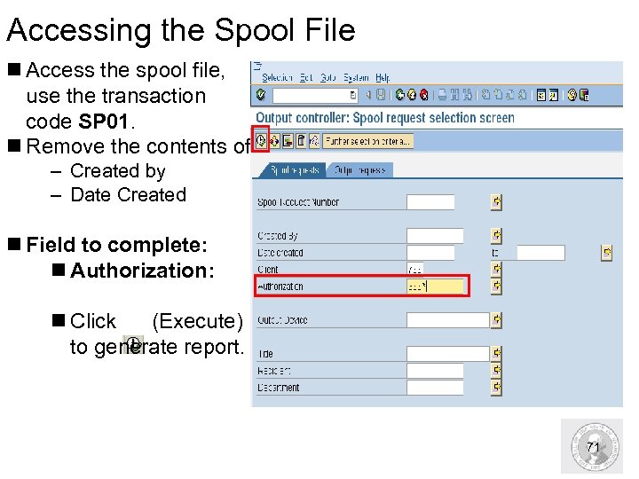 Accessing the Spool File n Access the spool file, use the transaction code SP