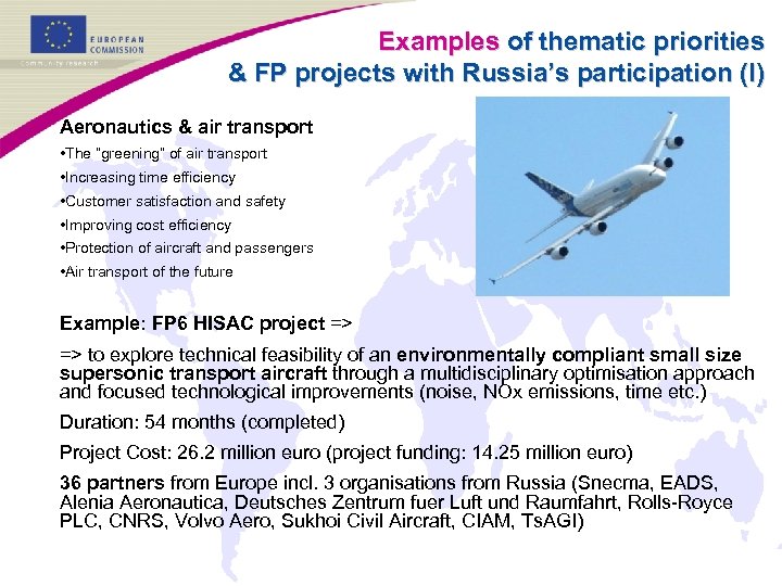 Examples of thematic priorities & FP projects with Russia’s participation (I) Aeronautics & air