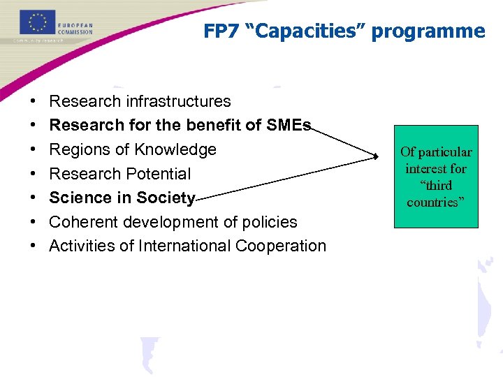 FP 7 “Capacities” programme • • Research infrastructures Research for the benefit of SMEs