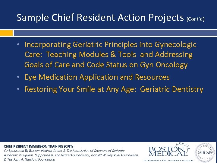 Sample Chief Resident Action Projects (Cont’d) • Incorporating Geriatric Principles into Gynecologic Care: Teaching