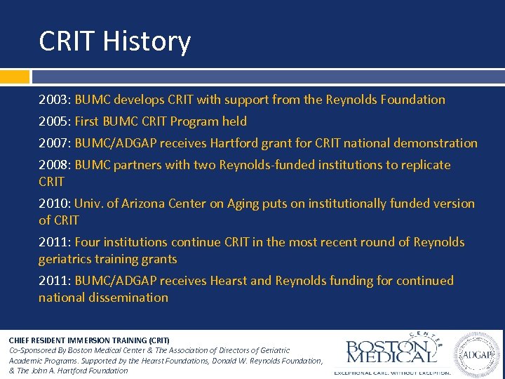 CRIT History 2003: BUMC develops CRIT with support from the Reynolds Foundation 2005: First