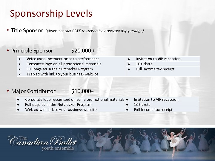 Sponsorship Levels • Title Sponsor (please contact CBYE to customize a sponsorship package) •