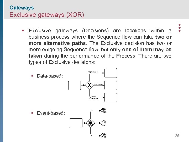 Gateways Exclusive gateways (XOR) § Exclusive gateways (Decisions) are locations within a business process