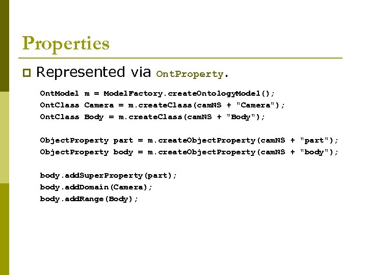 Properties p Represented via Ont. Property. Ont. Model m = Model. Factory. create. Ontology.