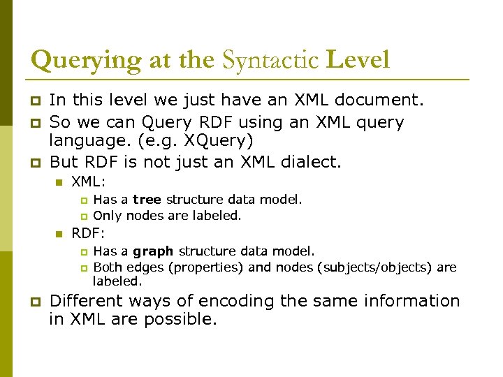 Querying at the Syntactic Level p p p In this level we just have