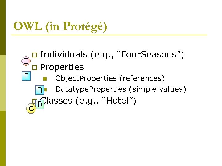 OWL (in Protégé) Individuals (e. g. , “Four. Seasons”) p Properties p n n
