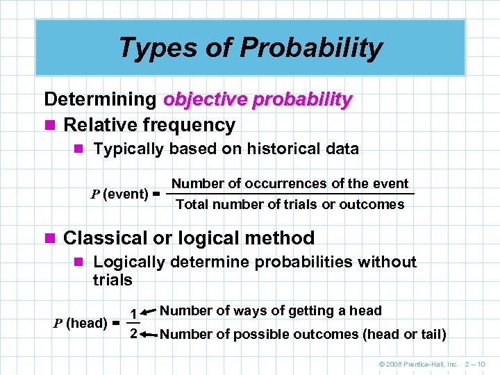Types of Probability Determining objective probability n Relative frequency n Typically based on historical