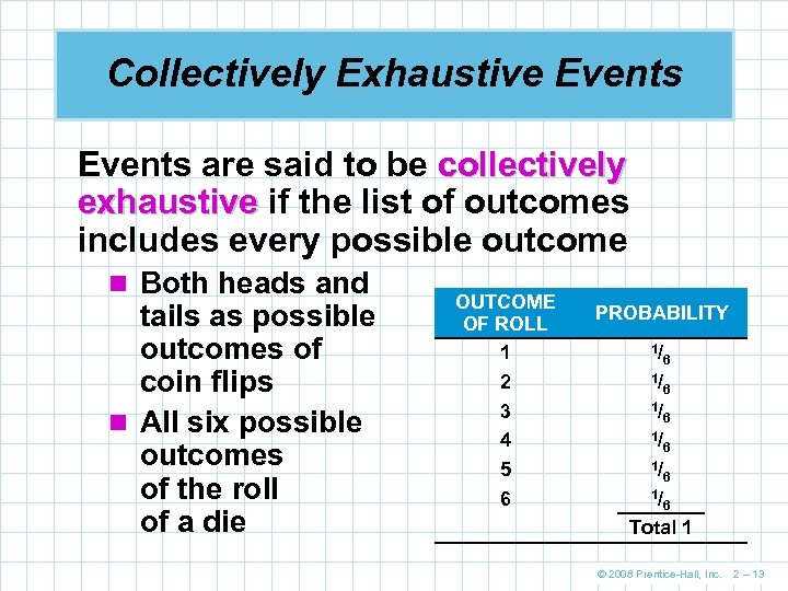 Collectively Exhaustive Events are said to be collectively exhaustive if the list of outcomes