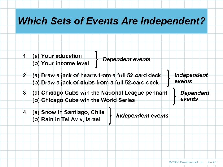 Which Sets of Events Are Independent? 1. (a) Your education (b) Your income level