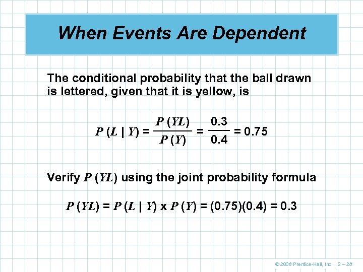 When Events Are Dependent The conditional probability that the ball drawn is lettered, given