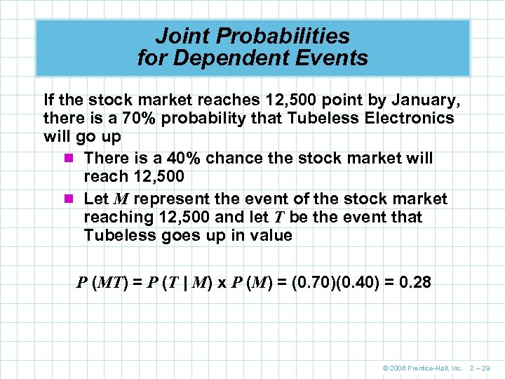 Joint Probabilities for Dependent Events If the stock market reaches 12, 500 point by