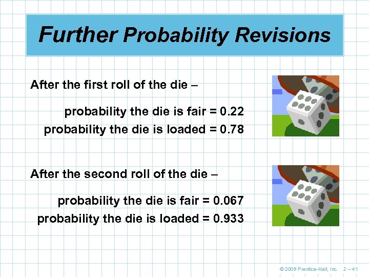 Further Probability Revisions After the first roll of the die – probability the die