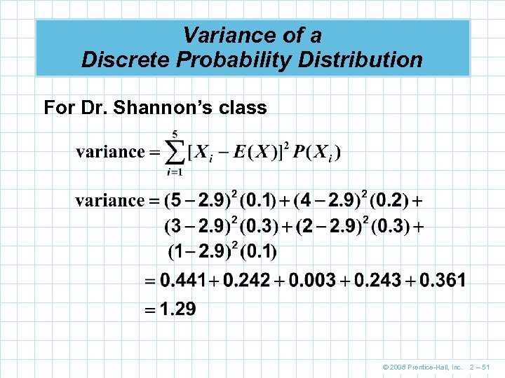 Variance of a Discrete Probability Distribution For Dr. Shannon’s class © 2008 Prentice-Hall, Inc.