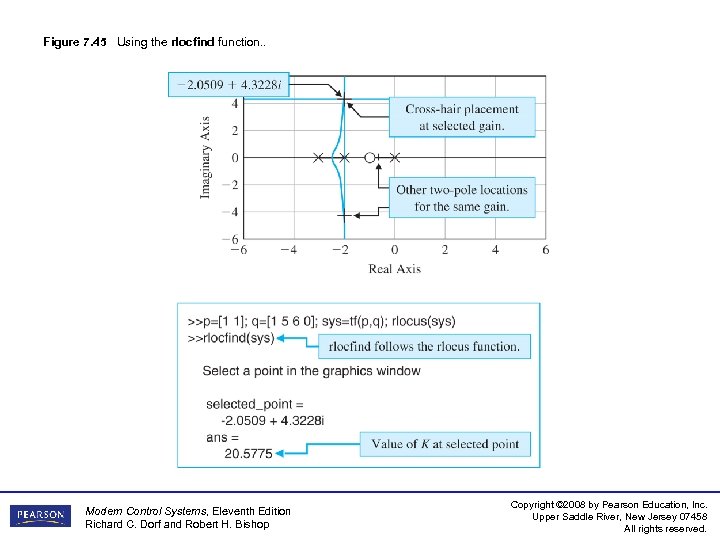 Figure 7. 45 Using the rlocfind function. . Modern Control Systems, Eleventh Edition Richard
