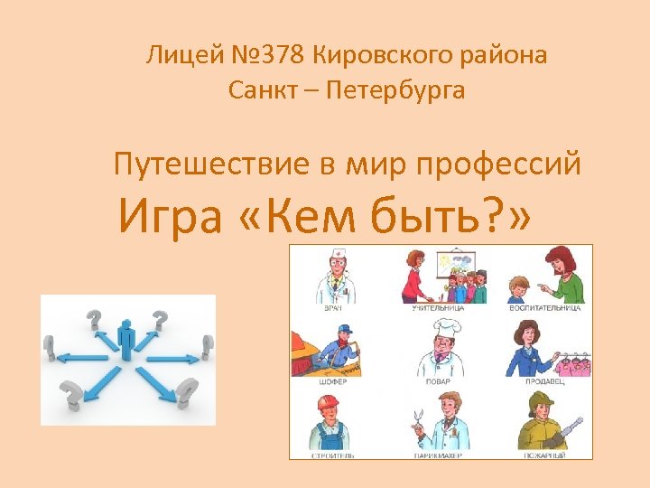 Лицей № 378 Кировского района Санкт – Петербурга Путешествие в мир профессий Игра «Кем