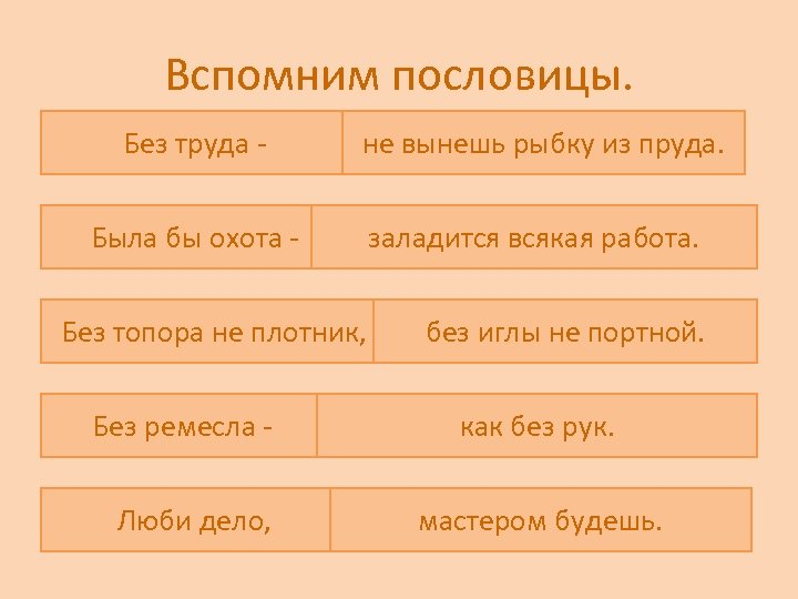 Вспомним пословицы. Без труда - не вынешь рыбку из пруда. Была бы охота Без