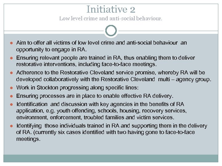 Initiative 2 Low level crime and anti-social behaviour. ● Aim to offer all victims