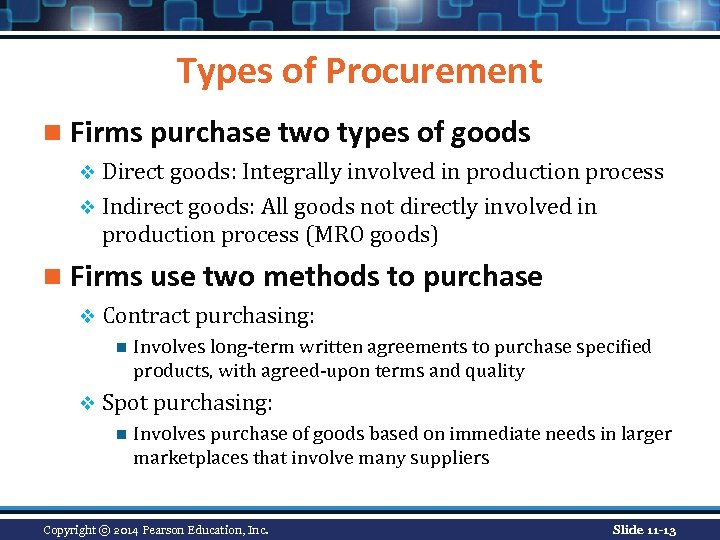 Types of Procurement n Firms purchase two types of goods v Direct goods: Integrally