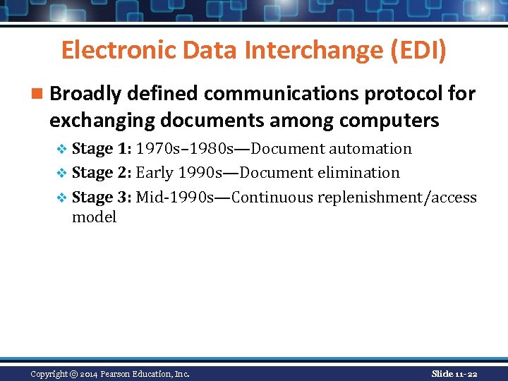 Electronic Data Interchange (EDI) n Broadly defined communications protocol for exchanging documents among computers