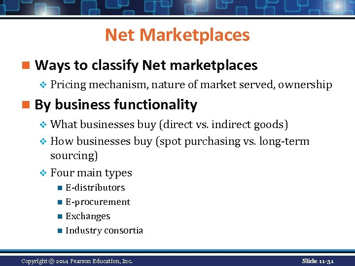 Net Marketplaces n Ways to classify Net marketplaces v Pricing mechanism, nature of market