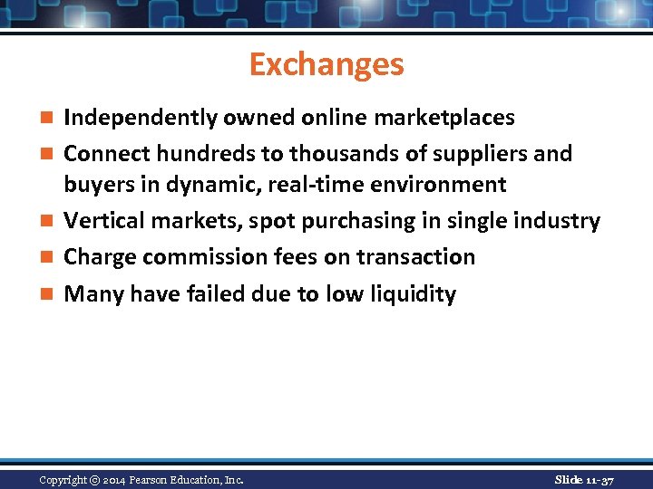 Exchanges n n n Independently owned online marketplaces Connect hundreds to thousands of suppliers