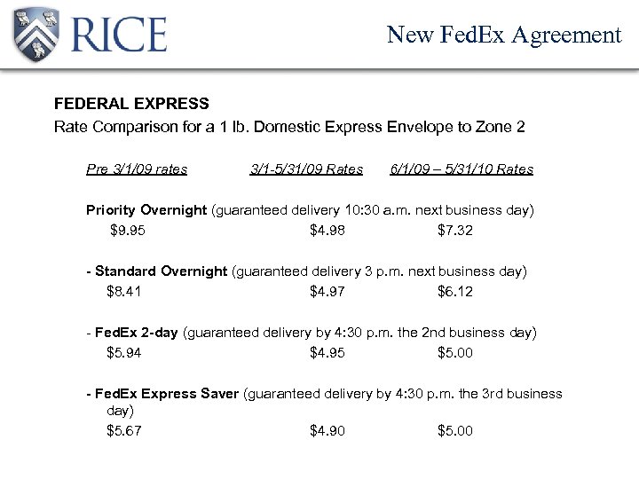 New Fed. Ex Agreement FEDERAL EXPRESS Rate Comparison for a 1 lb. Domestic Express