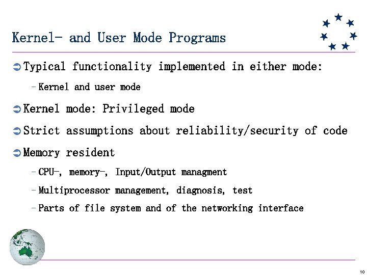 Kernel- and User Mode Programs Ü Typical functionality implemented in either mode: –Kernel and