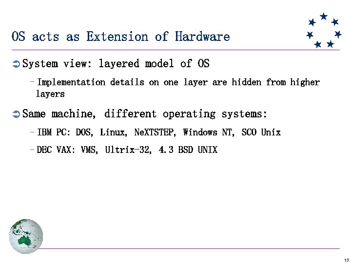 OS acts as Extension of Hardware Ü System view: layered model of OS –Implementation