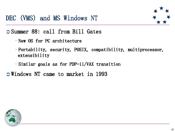 DEC (VMS) and MS Windows NT Ü Summer 88: call from Bill Gates –New