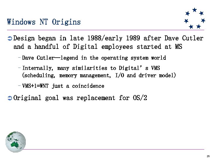 Windows NT Origins Ü Design began in late 1988/early 1989 after Dave Cutler and