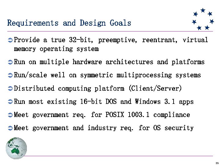 Requirements and Design Goals Ü Provide a true 32 -bit, preemptive, reentrant, virtual memory